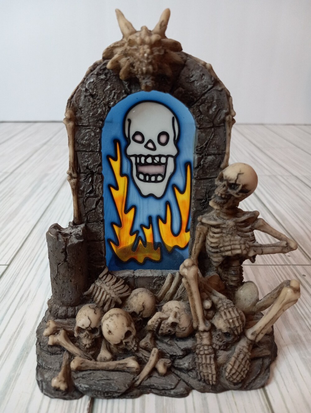 Halloween Skeleton Bones Tombstone with Flames and Skulls Votive Candle Holder